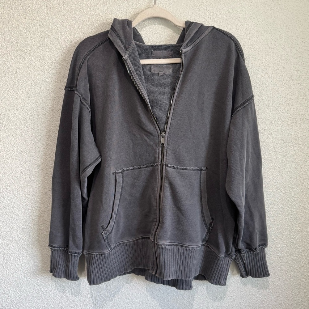 Aerie Womens Small Full Zip Cotton Blend Relaxed Washed Out Grey Casual Boho